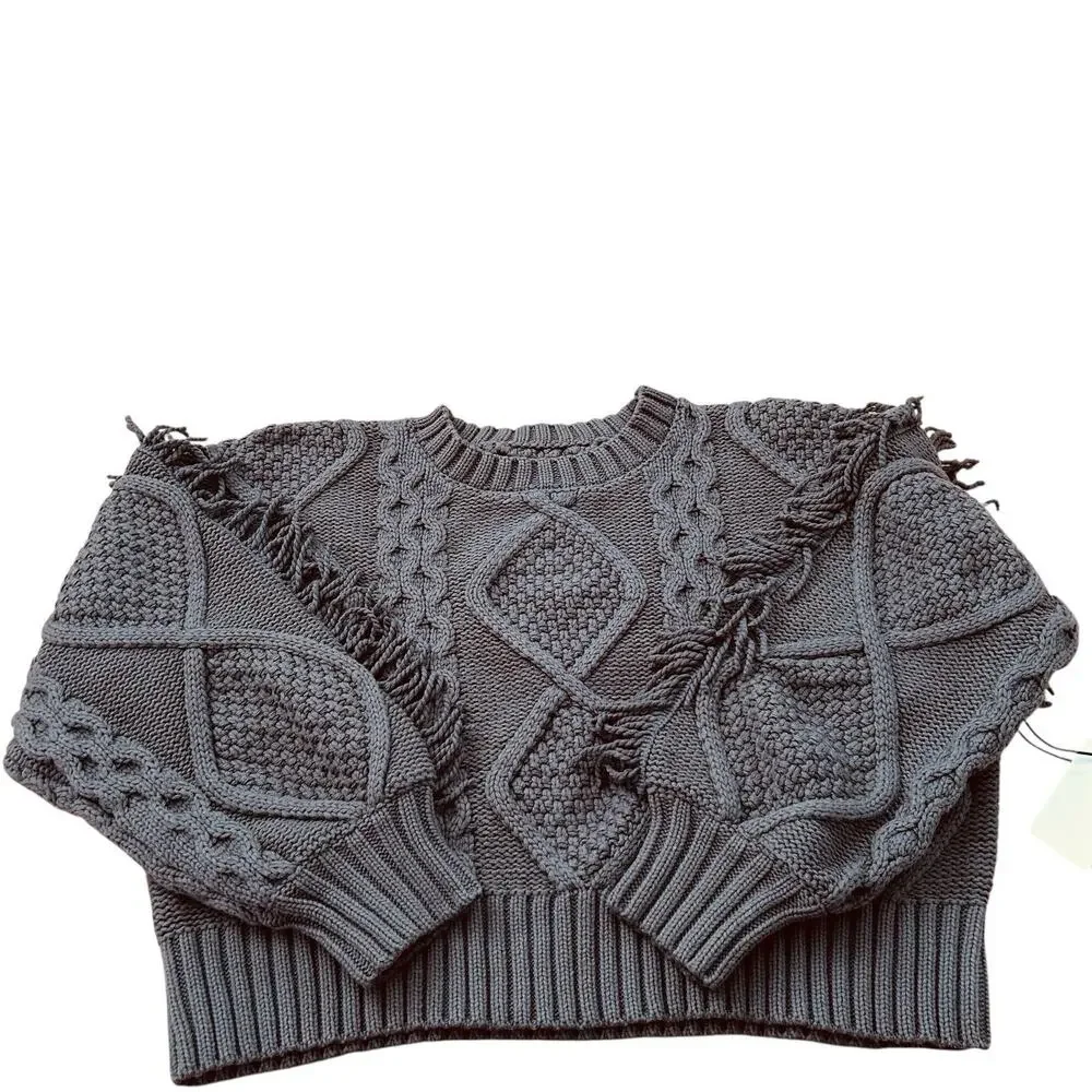 Anthropologie Line + Dot Jasper Fringe Sweater Oversized Gray Cable Knit Boho L